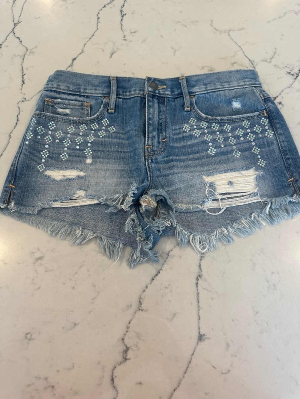 Gilly Hicks Light Blue Distressed Rhinestone Denim Shorts